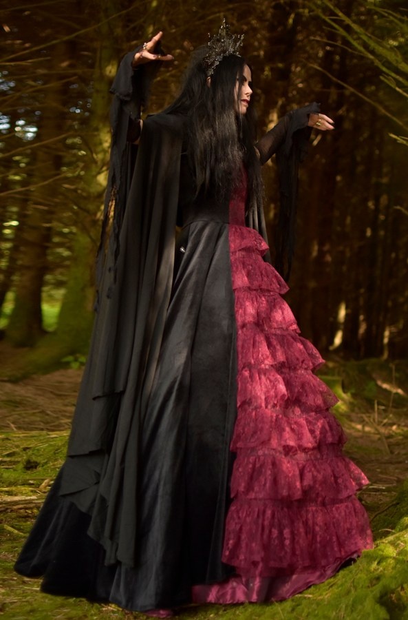 Scarlet in the Shadows Gown - steamed velvet and lace off-shoulder medieval ballgown by Moonmaiden Gothic Clothing
