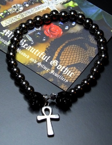 My Beautiful Gothic Black Rose and Ankh Hematite Bracelet