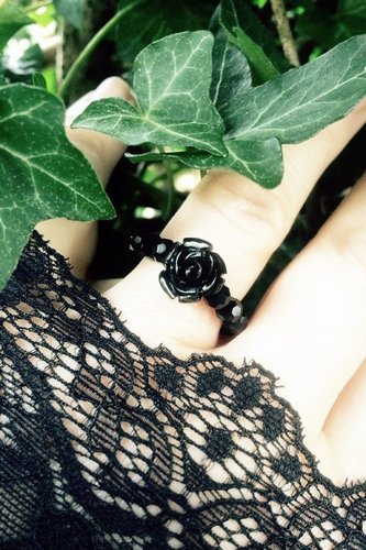 Black Rose & Crystal Bead Stretch Ring