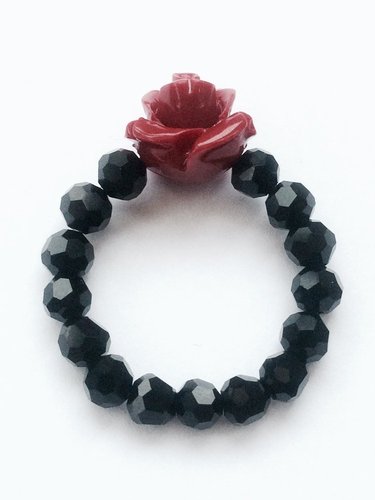 Red Rose & Crystal Bead Stretch Ring