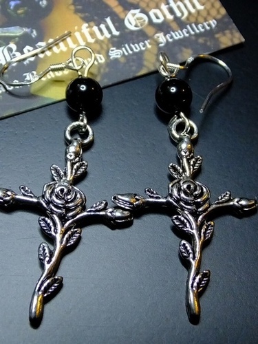My Beautiful Gothic Rose-Entwined Cross and Black Onyx Earrings