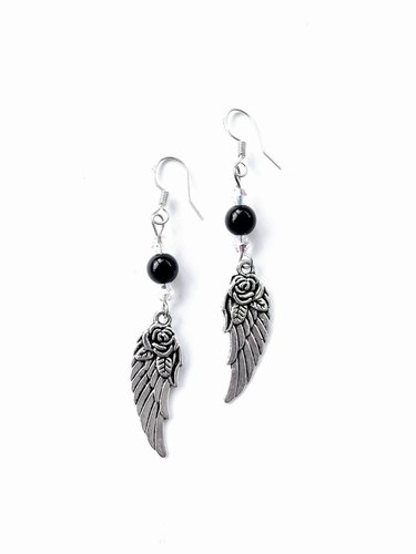 Black Onyx & Rose Angel Wing Earrings