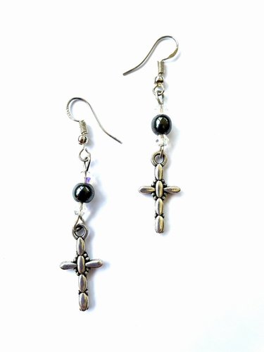 Hematite & Decorative Cross Earrings