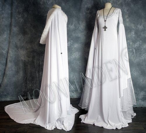 All White Arwen Coronation Gown and Custom Fur Trimmed Morticia Requiem Cloak