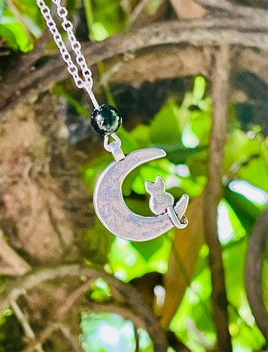 Moon Cat & Black Onyx Pendant Necklace