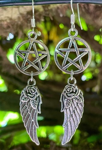 Pentacle &amp; Rose Wing Earrings