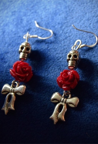 Skull, Rose and Bow Earrings
