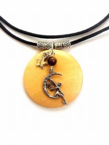 Wooden Necklace with Tibetan Silver Moon-Faerie Star and Tigers Eye