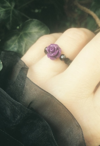 Purple Rose & Black Crystal Bead Stretch Ring